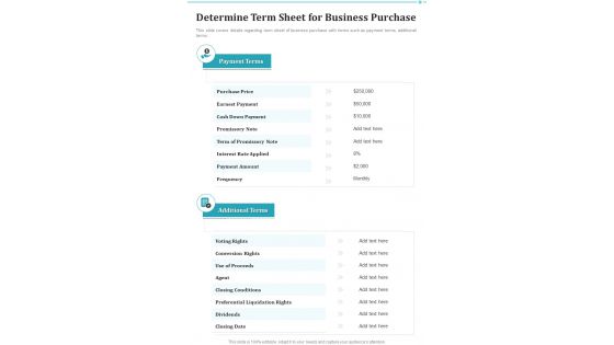 Determine Term Sheet For Business Purchase One Pager Sample Example Document