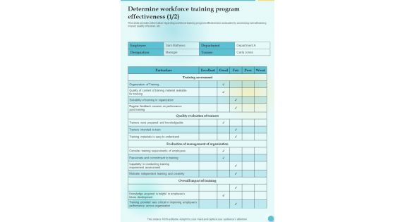 Determine Workforce Training Program Training Playbook One Pager Sample Example Document