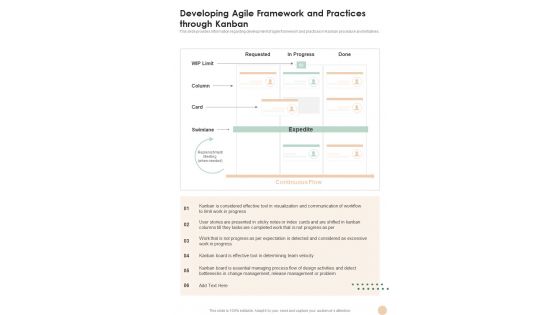 Developing Agile Framework And Practices Through Kanban One Pager Sample Example Document