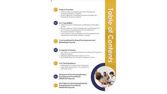 Developing Business Branding Table Of Contents One Pager Sample Example Document