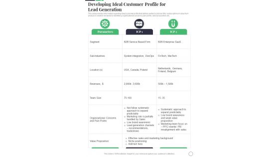 Developing Ideal Customer Profile For Lead Generation Sales Playbook One Pager Sample Example Document