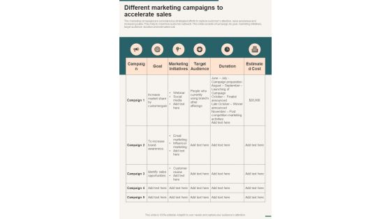 Different Marketing Campaigns To Accelerate Sales One Pager Sample Example Document