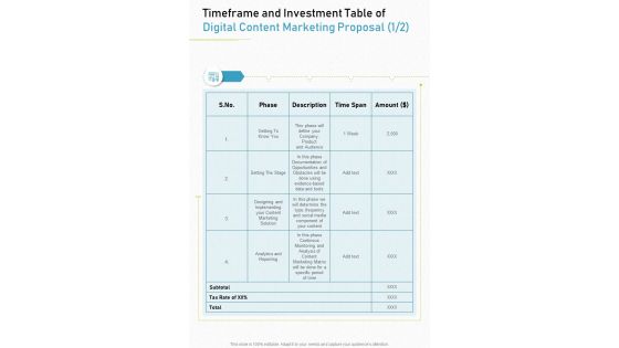 Digital Content Marketing Proposal Of Timeframe And Investment Table One Pager Sample Example Document