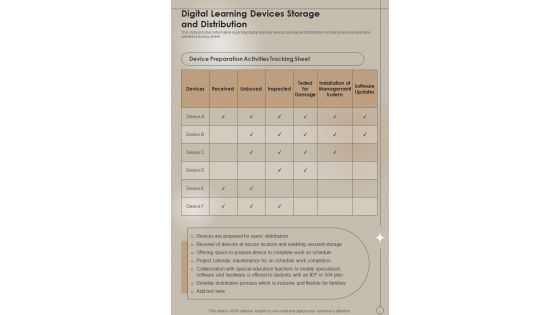 Digital Learning Devices Storage And Distribution One Pager Sample Example Document