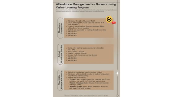Digital Learning Playbook Attendance Management For Students During Online One Pager Sample Example Document