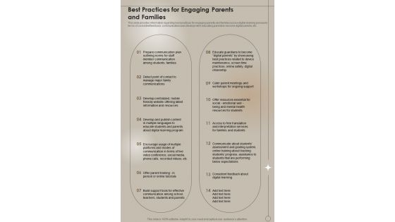 Digital Learning Playbook Best Practices For Engaging Parents And Families One Pager Sample Example Document