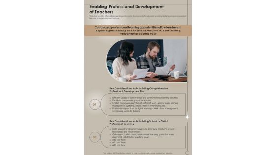 Digital Learning Playbook Enabling Professional Development Of Teachers One Pager Sample Example Document
