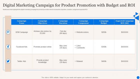 Digital Marketing Campaign For Product Promotion With Budget And ROI