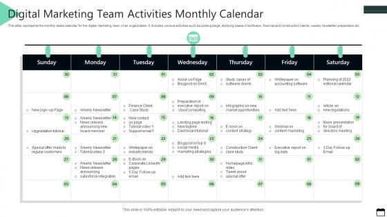 Digital Marketing Team Activities Monthly Calendar