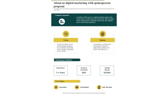 Digital Marketing With Spokesperson Proposal About Us One Pager Sample Example Document