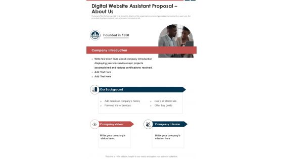 Digital Website Assistant Proposal About Us One Pager Sample Example Document