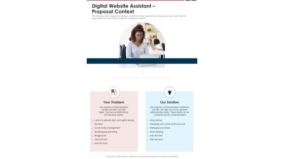 Digital Website Assistant Proposal Context One Pager Sample Example Document
