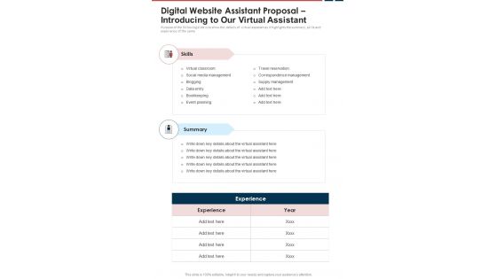 Digital Website Assistant Proposal Introducing To Our Virtual Assistant One Pager Sample Example Document