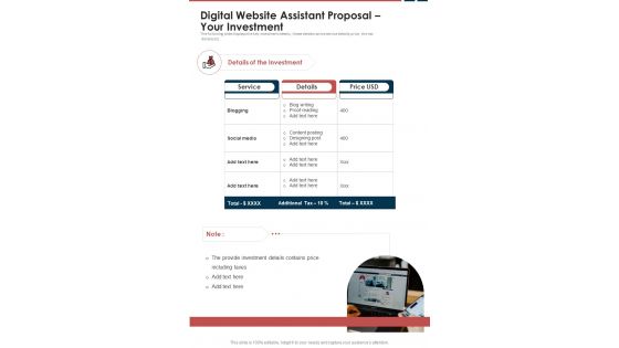 Digital Website Assistant Proposal Your Investment One Pager Sample Example Document
