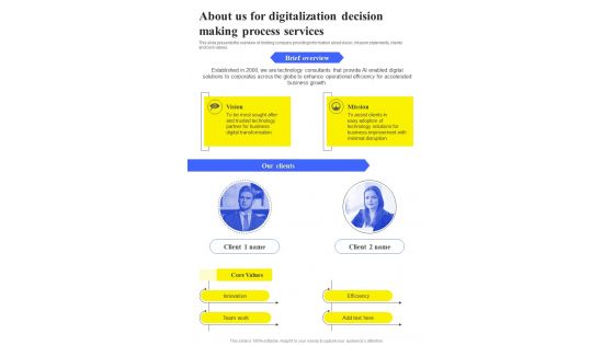 Digitalization Decision Making Process For About Us One Pager Sample Example Document