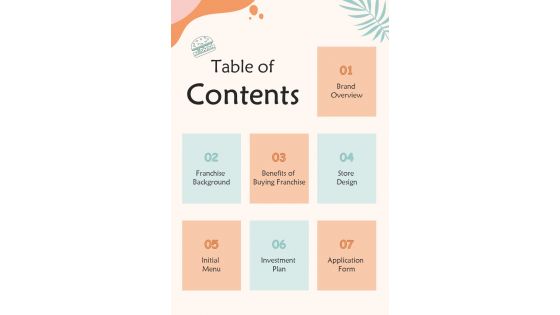 Dining Room Franchise Table Of Contents One Pager Sample Example Document