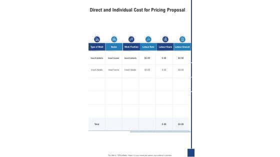 Direct And Individual Cost For Pricing Proposal One Pager Sample Example Document