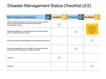 Disaster management status checklist progress ppt slides