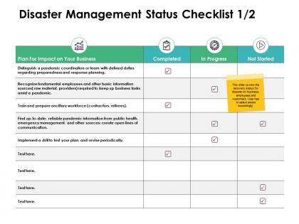 Disaster management status checklist sources ppt powerpoint presentation slides