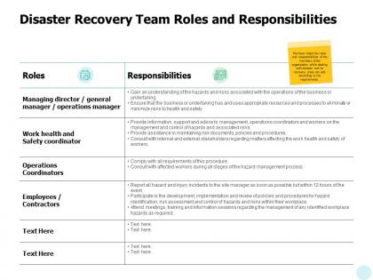 Disaster recovery team roles and responsibilities employees contractors ppt powerpoint presentation