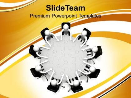 Discussing at conference jigsaw puzzle table business powerpoint templates ppt themes and graphics 0113