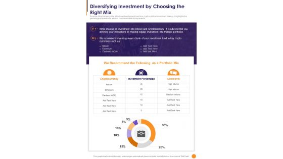 Diversifying Investment By Choosing The Right Mix One Pager Sample Example Document