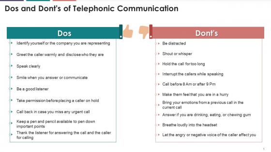 Dos And Donts Of Telephonic Communication Training Ppt