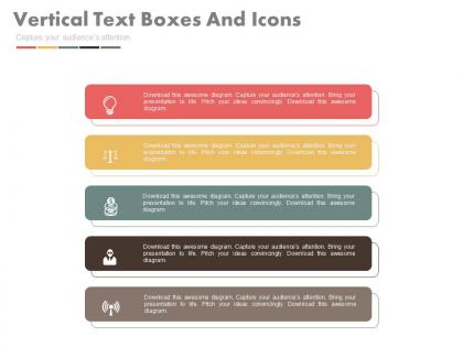 Download five staged vertical text boxes and icons flat powerpoint design