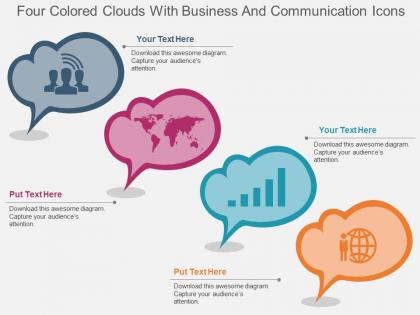 Dp four colored clouds with business and communication icons flat powerpoint design