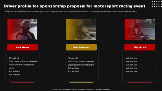 Driver Profile For Sponsorship Proposal For Motorsport Racing Event Ppt Slides Show