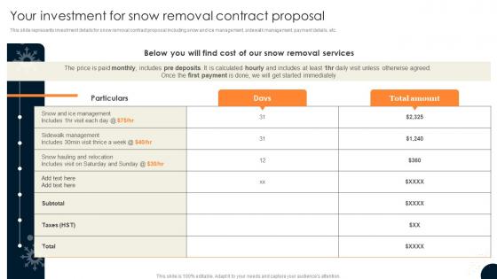 Driveway Snow Removal Contract Your Investment For Snow Removal Contract Proposal Ppt Vector