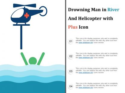 Drowning man in river and helicopter with plus icon