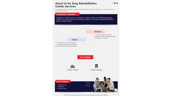 Drug Rehabilitation Center Services For About Us One Pager Sample Example Document