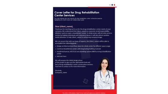 Drug Rehabilitation Center Services For Cover Letter One Pager Sample Example Document