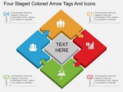 Ds four staged colored arrow tags and icons flat powerpoint design