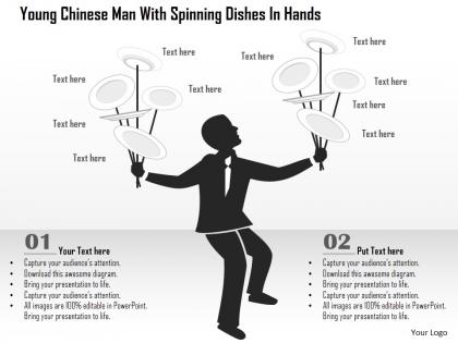 Dt young chinese man with spinning dishes in hands powerpoint template