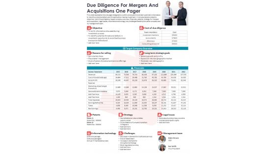 Due Diligence For Mergers And Acquisitions One Pager Presentation Report Infographic PPT PDF Document