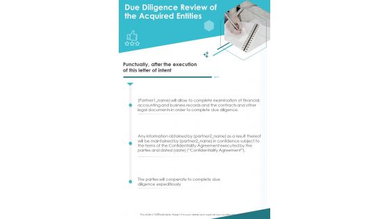 Due Diligence Review Of The Acquired Entities One Pager Sample Example Document