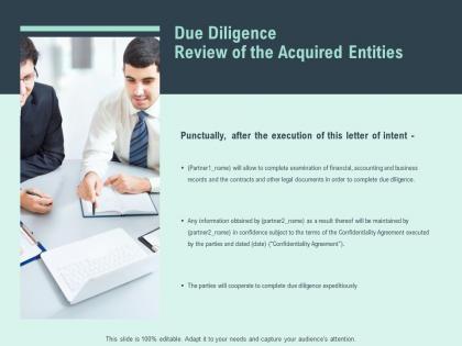 Due diligence review of the acquired entities teamwork ppt slides