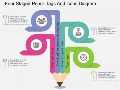 Dz four staged pencil tags and icons diagram flat powerpoint design