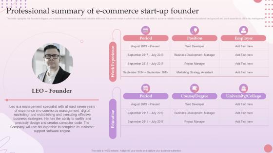 E Commerce Platform Start Up Professional Summary Of E Commerce Start Up Founder BP SS