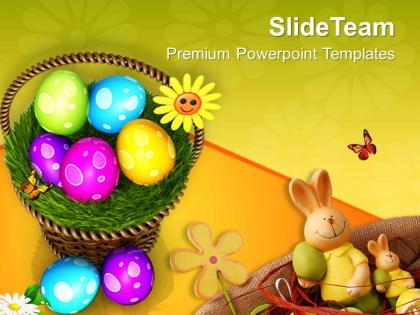 Easter bunnies colourful eggs in basket powerpoint templates ppt backgrounds for slides