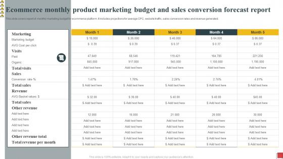 Ecommerce Monthly Product Marketing Budget And Sales Conversion Forecast Report