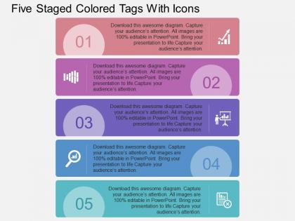 Ed five staged colored tags with icons flat powerpoint design