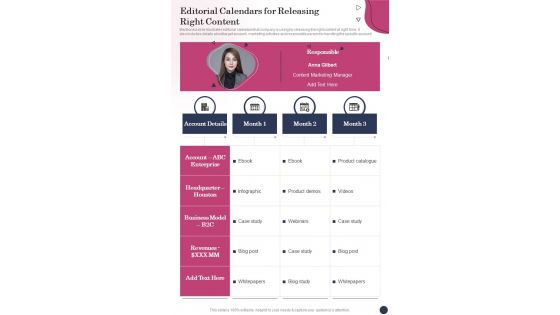 Editorial Calendars For Releasing Right Content One Pager Sample Example Document