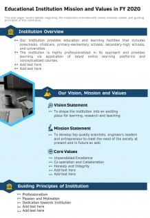 Educational institution mission and values in fy 2020 presentation report infographic ppt pdf document