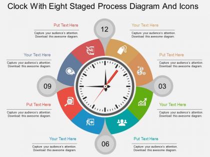 Ef clock with eight staged process diagram and icons flat powerpoint design