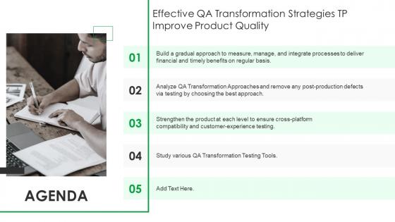 Effective qa transformation strategies improve product quality agenda ppt layout