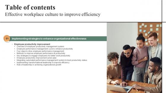Effective Workplace Culture To Improve Efficiency Table Of Contents Strategy SS V