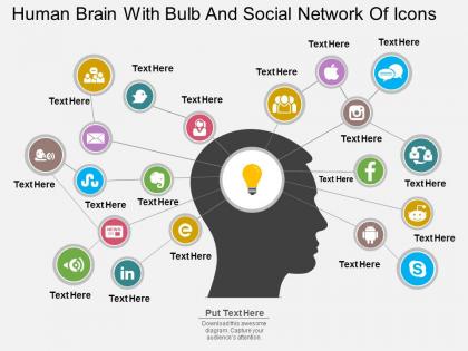 Eh human brain with bulb and social network of icons flat powerpoint design